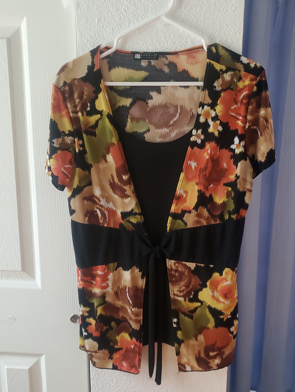 Carole Little Black Floral Tie-Front Blouse with Multicolor Blooms